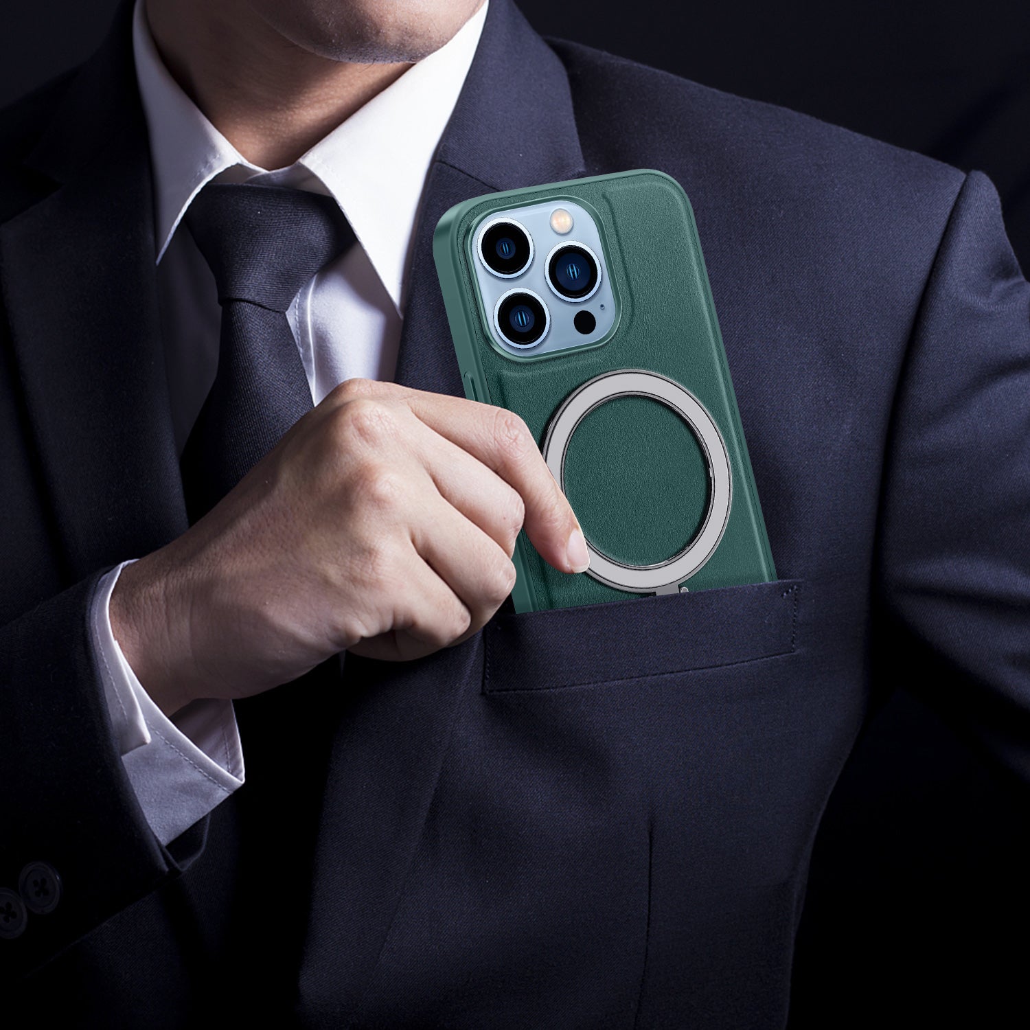 Uniqkart for iPhone 13 Pro 6.1 inch Anti-drop PU Leather Coated PC+TPU Phone Case Magnetic Cover with Kickstand - Green Uniqkart for iPhone 13 Pro 6.1 inch Anti-drop PU Leather Coated PC+TPU Phone Case Magnetic Cover with Kickstand - Green